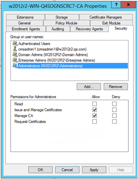 Windows Certificate Authority Properties dialog box open to the Security tab